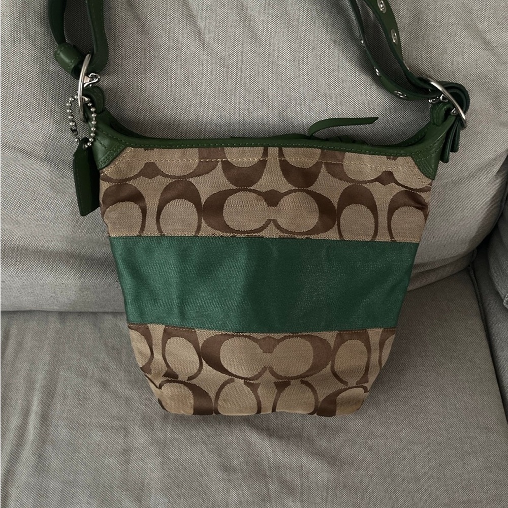 Vintage Coach Brown Signature Canvas rugby Shoulder Bag with Green Center Stripe